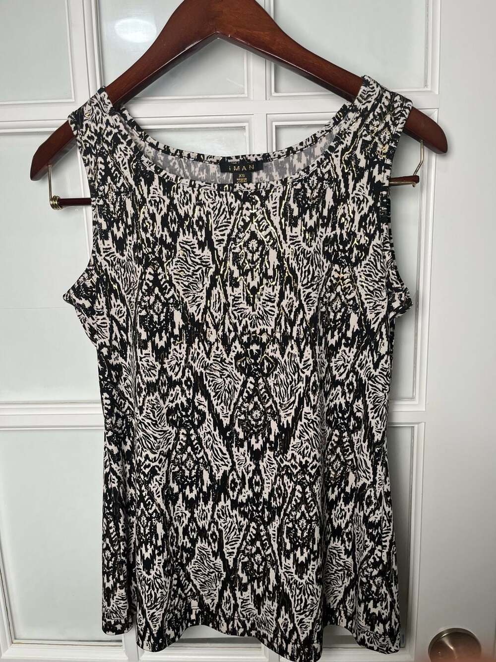 IMAN Global Chic Sleeveless Ikat Print Tank Top with Gold Foil Details